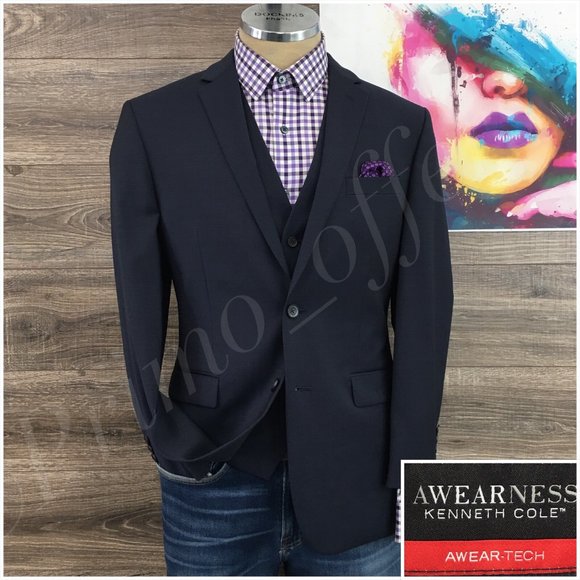 Kenneth Cole Mens Suit Jacket Vest Blazer Sport Coat‎ Two Button Wool 40R Slim - Picture 1 of 13